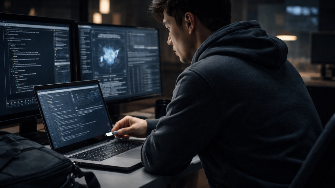 A hooded figure at a computer representing an insider threat