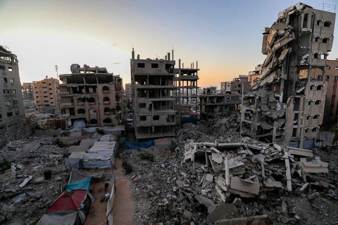 Damaged buildings and rubble in a city